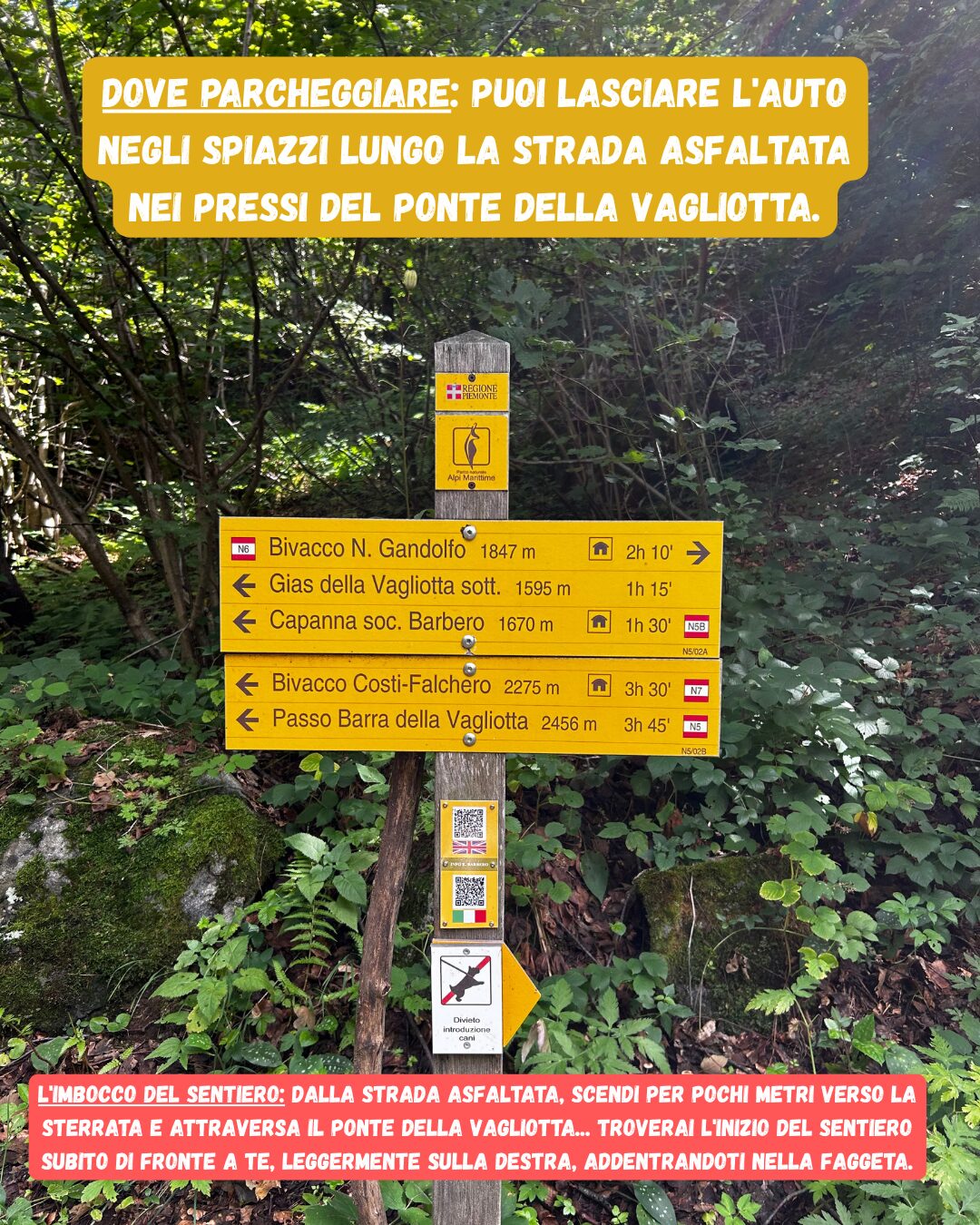 Cartello segnaletico del Parco Alpi Marittime al Ponte della Vagliotta, indicazioni per Capanna Barbero e Bivacco Gandolfo