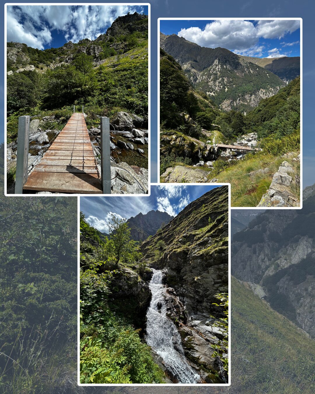 Passerelle di legno sul torrente e cascatella nel bosco di faggi del Vallone della Vagliotta