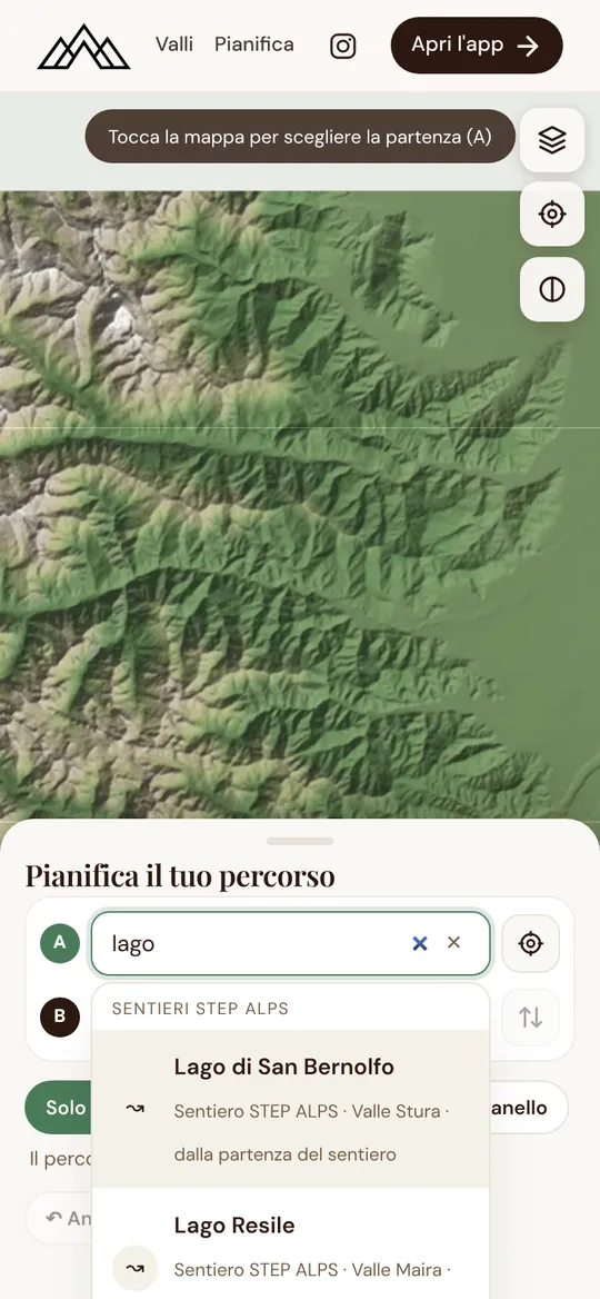 Ricerca di un luogo con i sentieri STEP ALPS in cima ai risultati