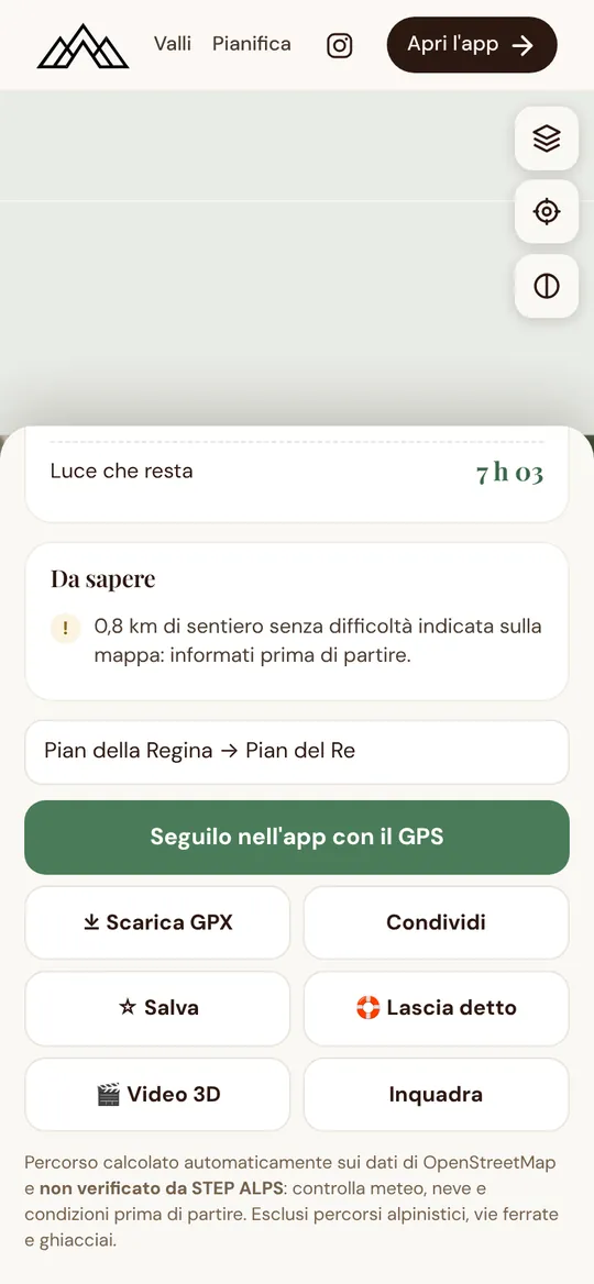 I pulsanti per seguire, scaricare, condividere e salvare il percorso