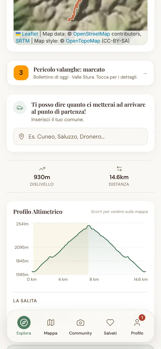 Profilo altimetrico con la salita evidenziata e il suo riepilogo