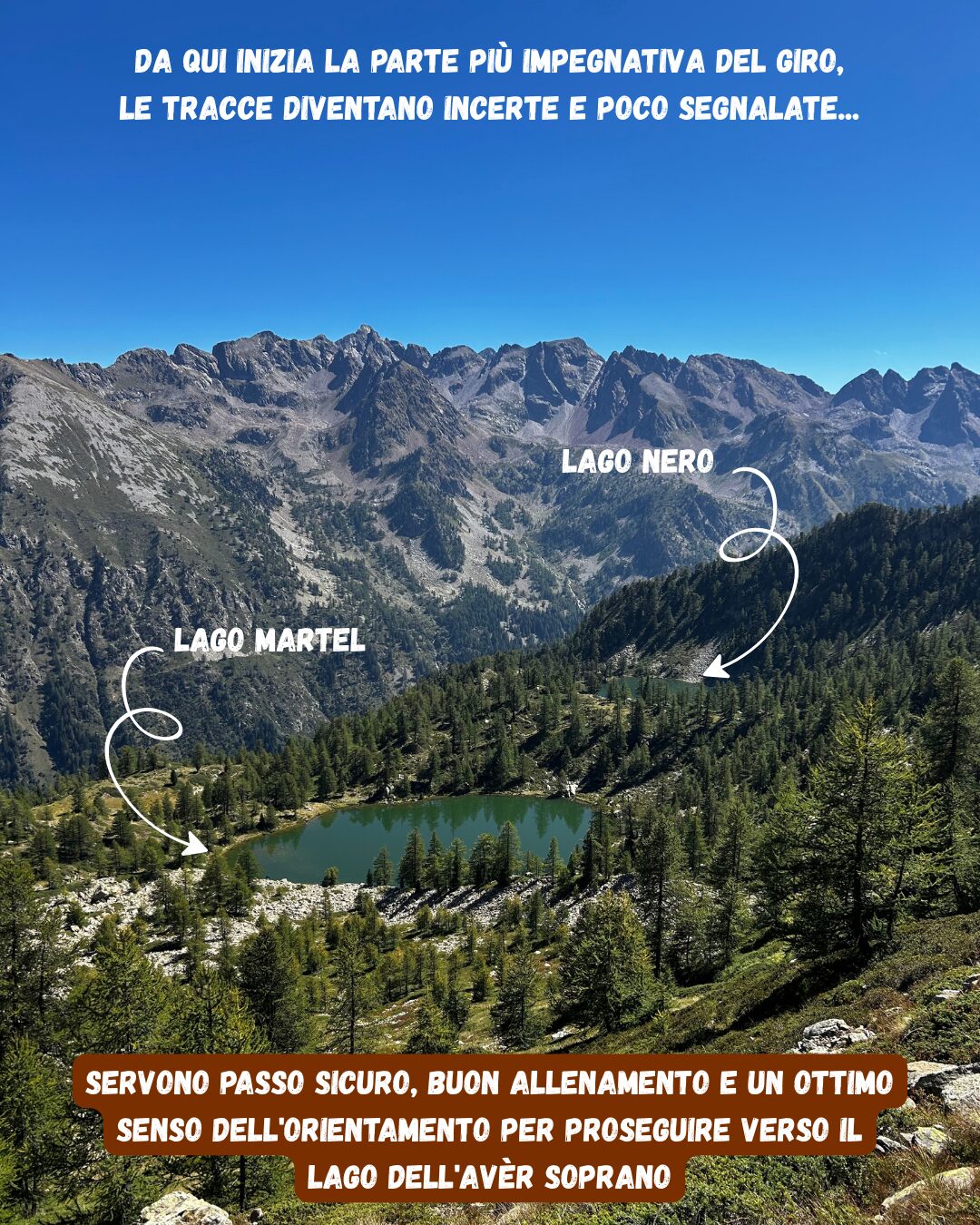 Panoramica dall'alto con Lago Martel e Lago Nero visibili sotto le creste del Vallone di Riofreddo