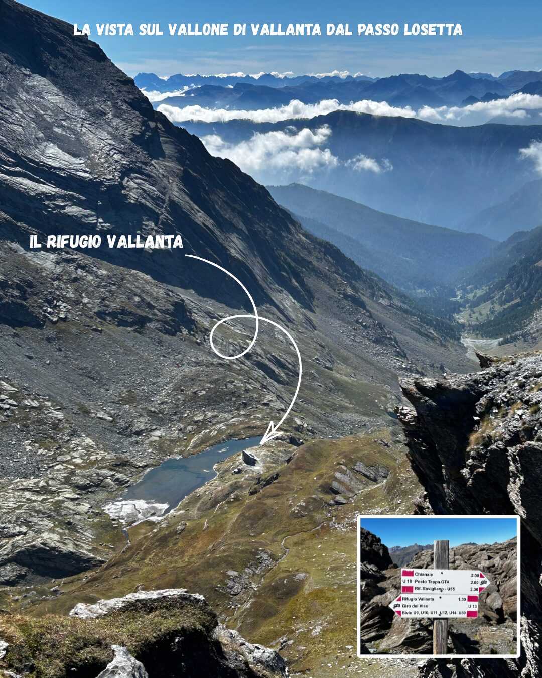 Panorama sulla Val Vallanta e sul Rifugio Vallanta dal Passo della Losetta 2872 m